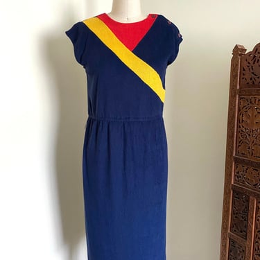 Vintage 80's Terry Cloth Dress, Color Blocked, Midi Dress, S 