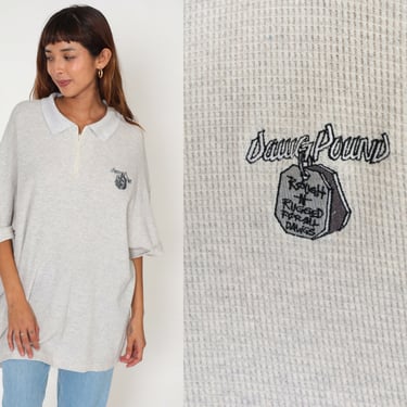 Grey Polo Shirt 90s Dawg Pound T-Shirt Streetwear Dog Tag Graphic Tee Short Sleeve Waffle Knit Collared TShirt Thermal Vintage 1990s Large L 