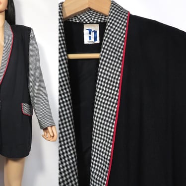 Vintage 80s/90s Houndstooth Accent One Button Extra Long Blazer Made In USA  Size M/L 