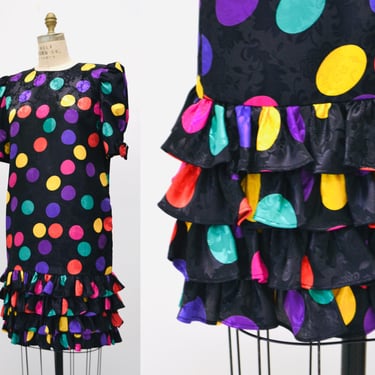 80s 90s Vintage Rainbow Polka dot dress Medium Large Short Sleeve Ruffle Polka Dot Dress Rainbow 90s Party Ruffle Party Black Carnival Dress 