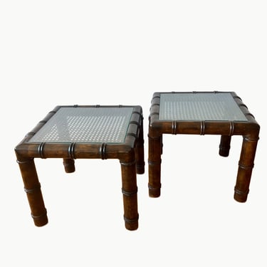 Vintage Faux Bamboo Accent Tables with Caning and Glass Tops - Pair