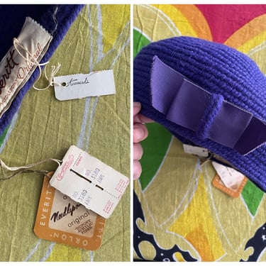 Vintage ‘60s violet Everitt Originals needlepoint tan | women’s beret, snug topper hat, 1960s mod, purple aesthetic 