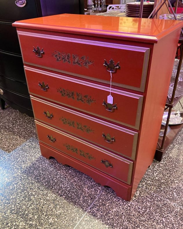 Orangey red 4 drawer chest 41” x 16.5” x 37.5” Call 202-232-8171 to purchase 