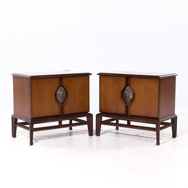 Helen Hobey Baker Mid Century Walnut and Burlwood Nightstands - Pair - mcm 