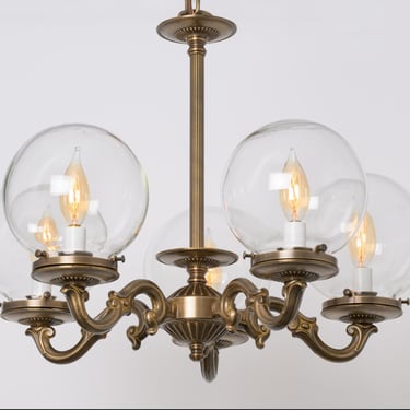 Classic Globe Chandelier - Brass Lighting Chain Fixture - 5 Hand Blown Glass Shade- Historic Design - Dining Room Lighting - Clear Glass 