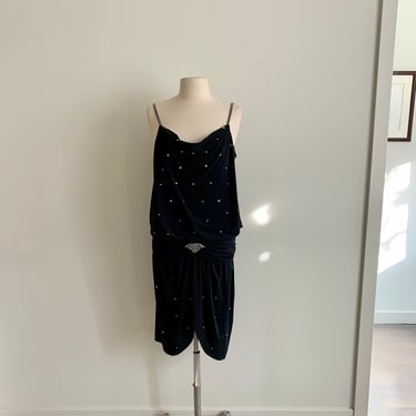 1980s flapper inspired black poly rhinestone cocktail dress-size M 