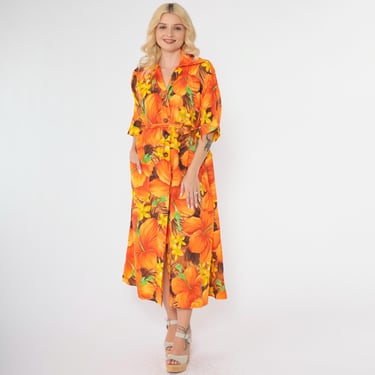 70s Floral Hawaiian Dress Orange Tropical Dress A-Line Midi Shirtdress Hippie Button Up Hibiscus 1/2 Sleeve Vintage 1970s Bohemian Large 