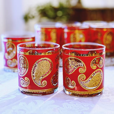 4 Vintage Culver Whiskey Glasses. Red & Gold Paisley Rocks Glasses | Festive Christmas Bar Tumblers for Classic Cocktails and Home Bar Decor 