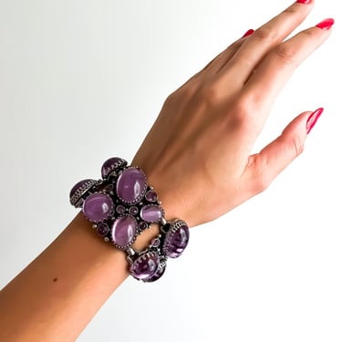 Chunky 1960's Wide Purple Glass & Rhinestone Filigree Statement Bracelet
