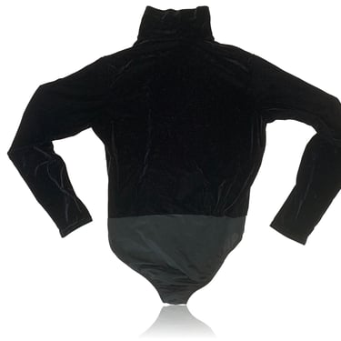 90s Crushed Velvet Mock Neck Bodysuit Long Black  // Snap Crotch // Size Large 