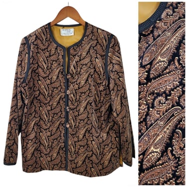 Vintage Velvet Jacket XL 1X Romantic Royalcore Brown Paisley Button Up Blazer 