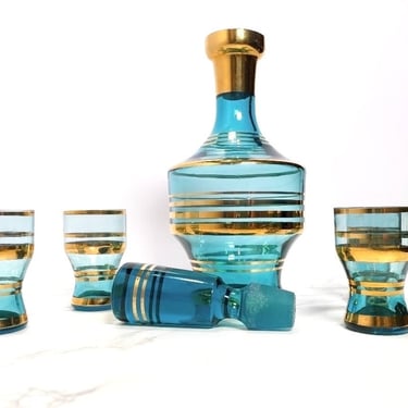 Vintage Mid-Century BOHO Decanter Set | Aqua with Golden Detail 5pc Set Vintage Bohemian Aqua blue glass decanter & Cordial Set 