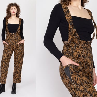 XS-Sm 80s Brown & Black Leaf Print Pinafore Jumpsuit | Vintage Suspender Pleated Overall Pants 