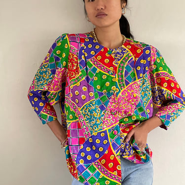 vibrant silk blouse / vintage 90s jazzy colorful multicolored color block silk jacquard oversized crew neck swing 3/4 sleeve blouse | Large 