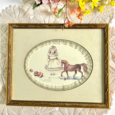 Vintage Victorian Toy Room Wall Decor, Antique Doll, Framed Print, Lace Trim 