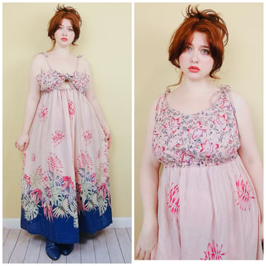 1970s Vintage Pink and Purple Floral Maxi Dress / 70s Cotton Reversible Hibiscus Gown / Size Large - XL 