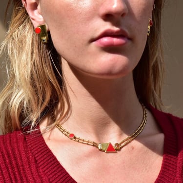 Vintage Manfredi 18K Gold Red Enamel Gemstone Accent Necklace W/ Matching Clip-On Earrings, Modernist Italian Designer, 15 1/2