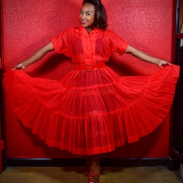 1950s Red Sheer Seersucker Shirtwaist Large 