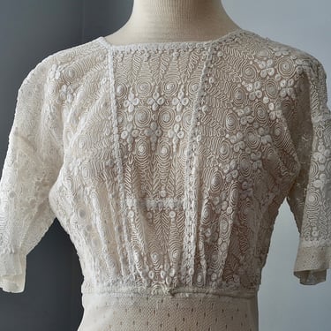 Antique 1910s White Tambour Cotton Tulle Tea Dress XXS 