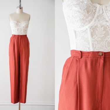 high waisted pants | 80s 90s vintage Liz Claiborne dark burnt orange rust dark academia woven linen style trousers 