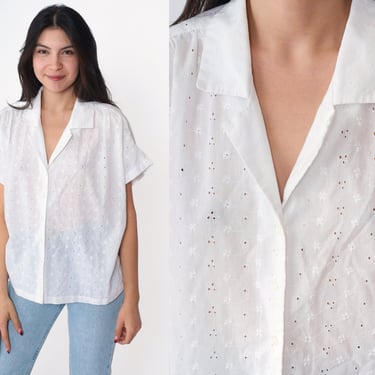 80s Eyelet Embroidered Blouse White Lace Shirt Boho Shirt Prairie 1980s Bohemian Button Up Cap Sleeve Summer Cotton Blend Vintage Large 