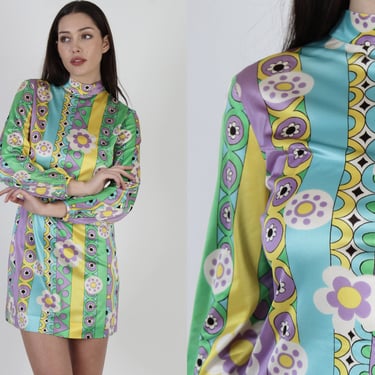 60's Mod Squad Micro Mini Dress / 1960s Psychedelic Print Frock / Vintage GoGo Abstract Design Club Dress 