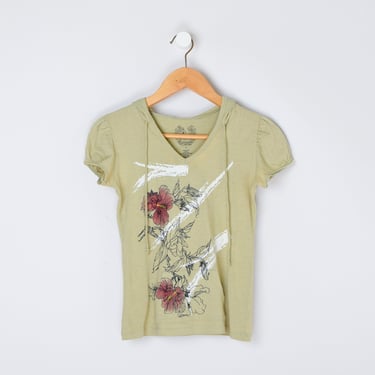 Vintage Y2k Short Sleeve Hooded Top - olive green, flower print, 2000s graphic clothing - Women's S 