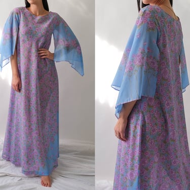 Vintage 70s Saks Fifth Ave. Sky Blue Lilac Floral Print Maxi Dress w/ Hand Rolled Fairy Sleeves | Made in Italy | 1970s Designer Boho Dress 