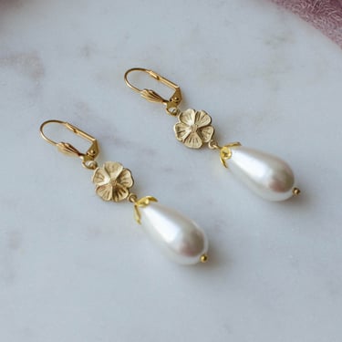 gold flower earrings, teardrop pearl earrings, Regency Victorian antique earrings, gift for her, statement earrings 