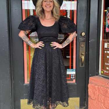 Vintage 80s black lace scoop back midi dress