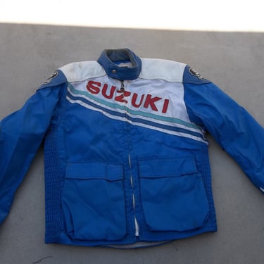 Vintage Motorcycle Jacket Segura 1990s 1980s Made in France Suzuki Motors Zippers Pockets Leather Nylon 