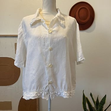 CP Shades 90s White Linen USA Made Crochet Trim Button Front Shirt 