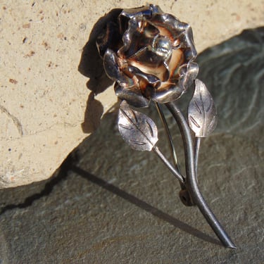 Mexican Sterling Silver Rose Pin / Brooch with Patina 