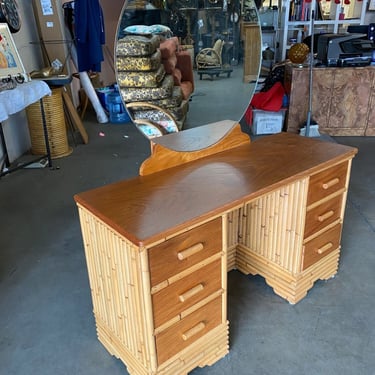 Pre-War Stacked Rattan and Mahogany Vanity with Round Mirror 