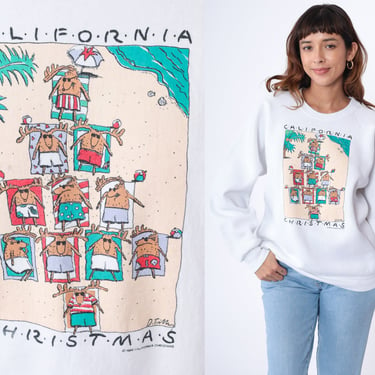 80s California Christmas Sweatshirt Reindeer Beach Sweater Graphic Holiday Shirt Tropical Raglan Sleeve White Vintage 1980s Extra Large xl 