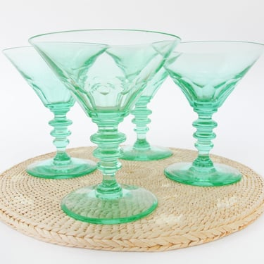 Set of 4 Vaseline Crystal Green Teal Martini Glasses 