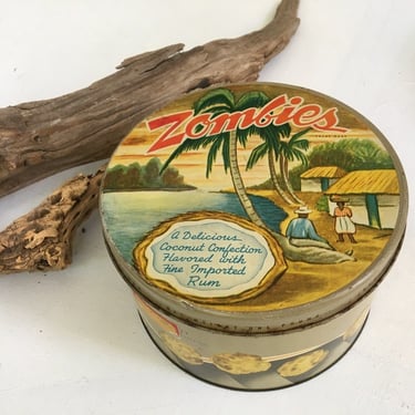 Vintage Zombies Tin, Tropical Tiki Bar Decor, Candy Tin, Rum And Coconut Tin 