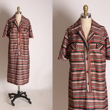 1970s Tan, Red and Black Striped Short Sleeve Button Up Shift Dress -2XL 