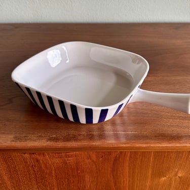 Dan-Ild porcelain baking pan by Lyngby Porcelæn Denmark / midcentury modern ceramic striped blue and white dish with handle 