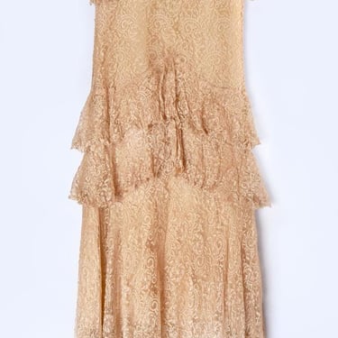 1920's Beige Lace Silk Antique Dress, Vintage 1930's Flapper Depression era Gown 