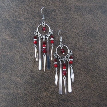 Red and silver chandelier earrings, gypsy crystal dangle earrings 