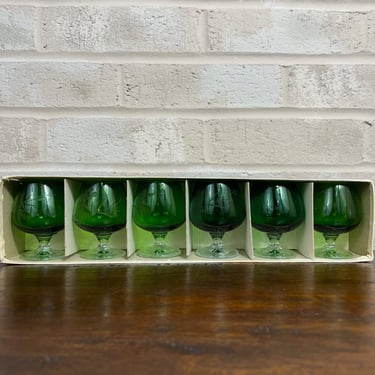 Japanese Green Glass Cordials with Enchanting Cherry Blossom Etching 