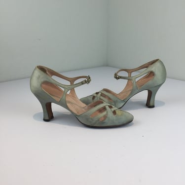 Dangerous Deco Desires - Vintage 1930s Seafoam Aqua Peau de Soie Evening Open Vamp Heels Pumps Shoes - 7 AA 