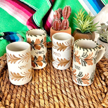 Mexican Pottery Cups, Mugs, Talavera Mexico, Vino Wine, Hand Painted, Set of 4, Artisan Signed, Ceramic Art 