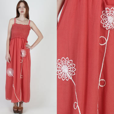 RicRac Floral Smocked Maxi Dress, Red Small Swiss Dot Print, Single Patch Hip Pocket, Womens Elastic Bust Smocked Sun Dress 