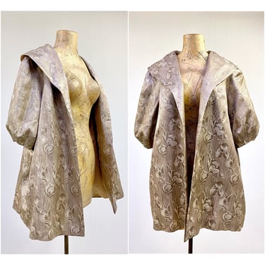 Vintage 1950s Lilli Diamond Gold Damask Swing Coat with Shawl Collar and Puffed Sleeves, Medium 