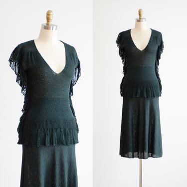 green knit skirt set 70s 80s vintage dark green ruffled sleeveless sweater skirt 2 piece set 