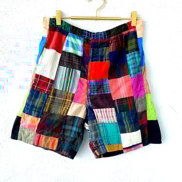 Vintage 60s 70s Patchwork Rainbow Shorts 1960s 1970s Colorful Plaid High Waisted Shorts 