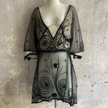 Antique 1910s Edwardian Black Net Sequins Beading Lace Dress Blouse Top Vintage