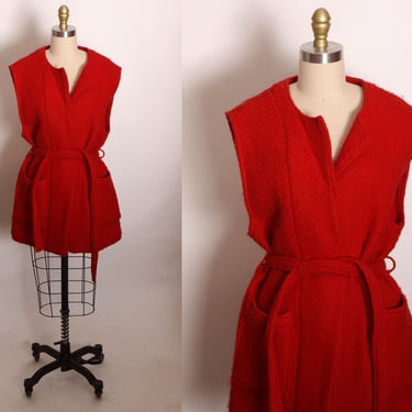 1980s Red Wool Sleeveless Belted Front Pockets Winter Vest 